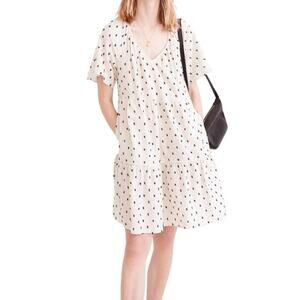 Madewell Cotton Linen Lorelei Mini Dress Clip Dot Beige Black Cinch Waist XS